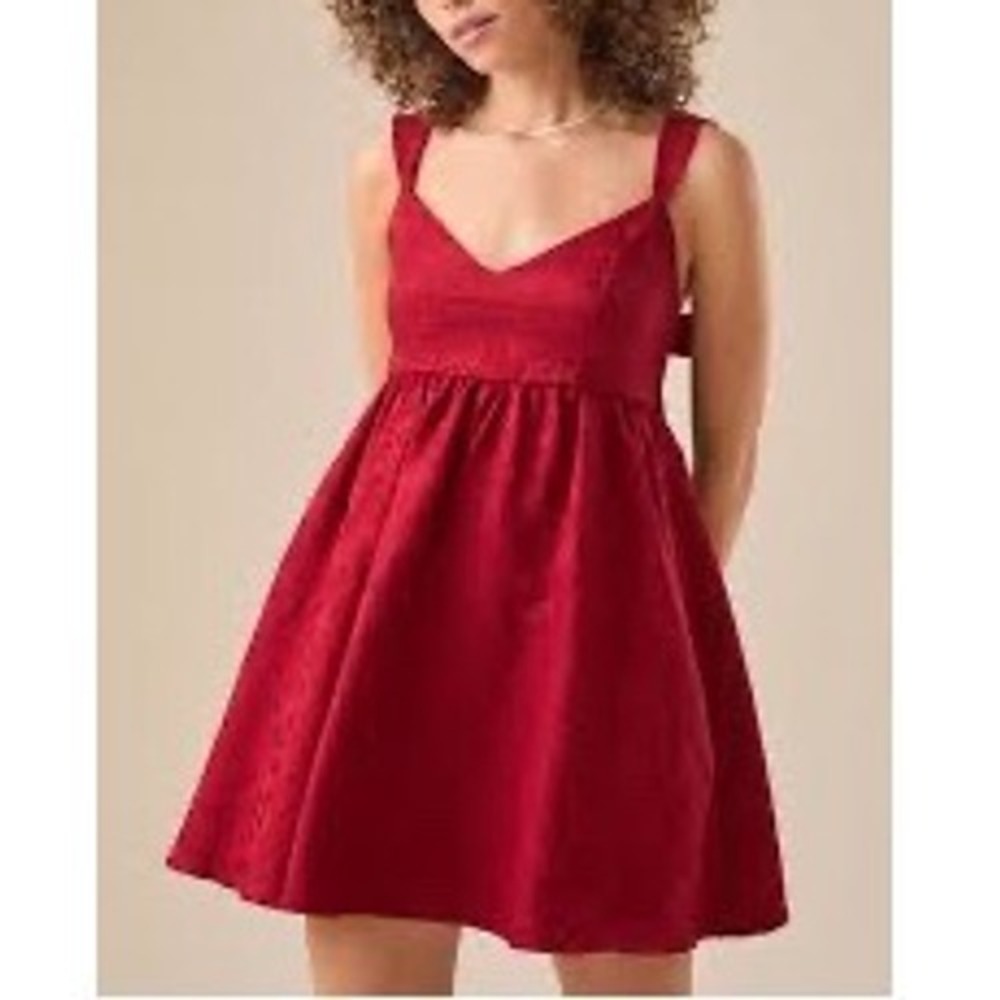 Altar'd State Red Floral Jacquard Mini Dress Babydoll Bow Back XS